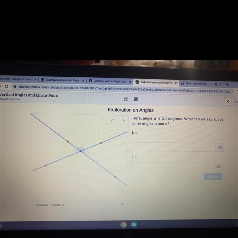 Here, angles A is 23 degrees. What can we say about other angles B and C…. Help please-example-1