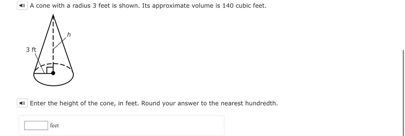 A cone with a radius 3 feet is shown. Its approximate volume is 140 cubic feet.-example-1