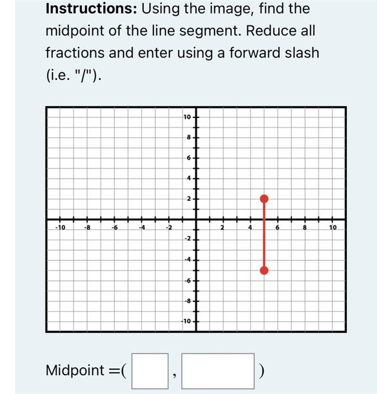 Using the image, find the midpoint of the line segment. Reduce all fractions and enter-example-1