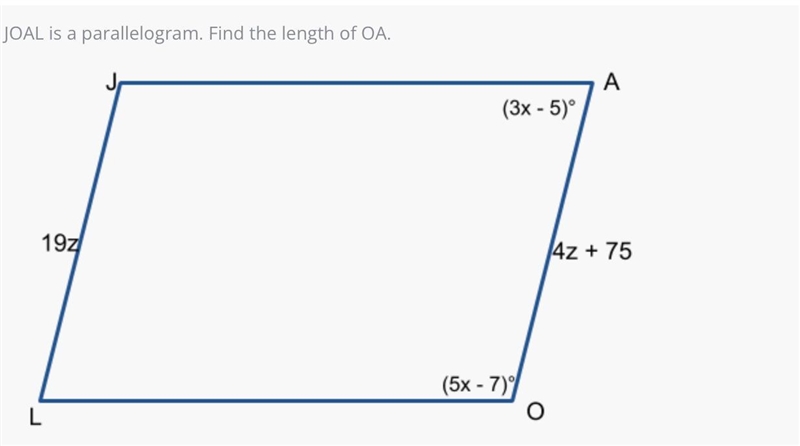 JOAL is a parallelogram. Find the length of OA.-example-1