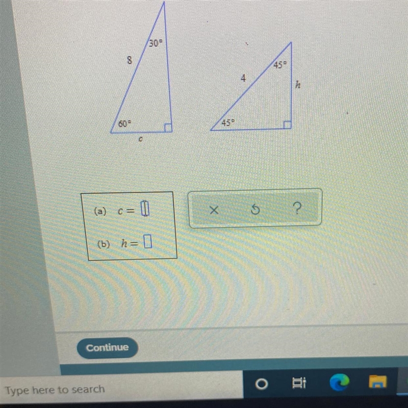 For the right triangles below, find the values of the side lengths c and h. Round-example-1