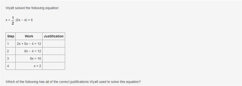 HELPPP PLEASE 50 POINTS Wyatt solved the following equation: x + one over two (6x-example-1