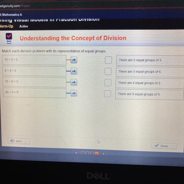 Match each division problem with its representation of equal groups 15 - 3 = 5 There-example-1