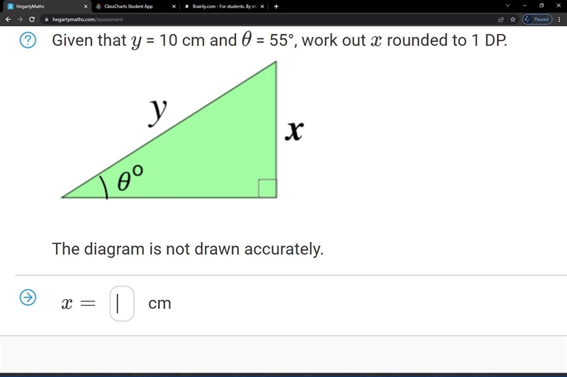 Given that y = 10 cm and θ = 55°, work out x rounded to 1 DP.-example-1