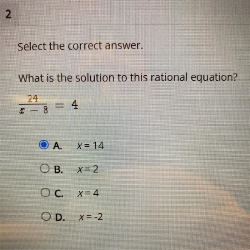 What is the solution to this rational equation 24/x-8=4??-example-1