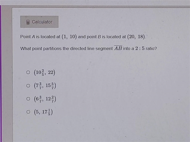 Point A is located at (1,10) and point B is located at (20,18). What point partitions-example-1