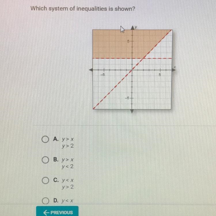 Which system of inequalities is shown? A. y> x y> 2 B. y> x y< 2 C. y-example-1