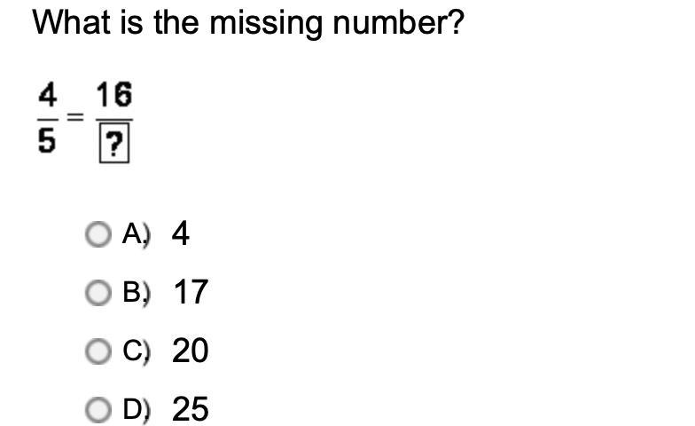 What is the missing number 4/5 = 16/?-example-1