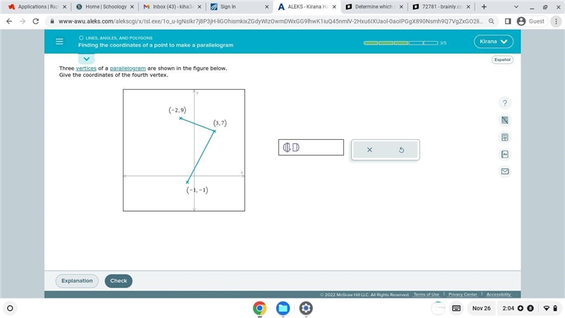 Three vertices of a parallelogram are shown in the figure below. Give the coordinates-example-1