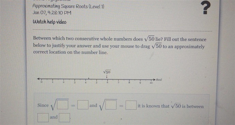 Between which two consecutive whole numbers does V50 lie? Fill out the sentence below-example-1