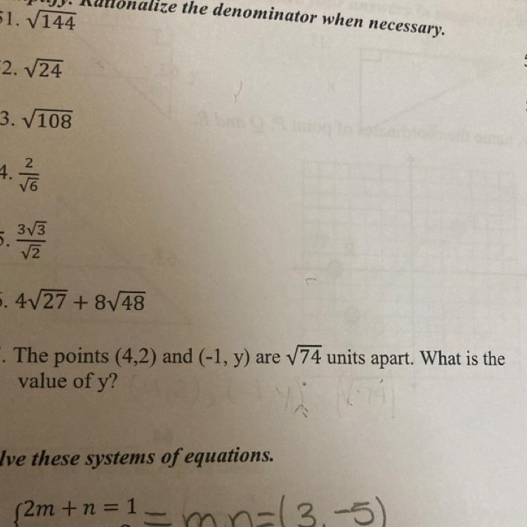 The points (4,2) and (-1, y) are √√74 units apart. What is the value of y? Please-example-1