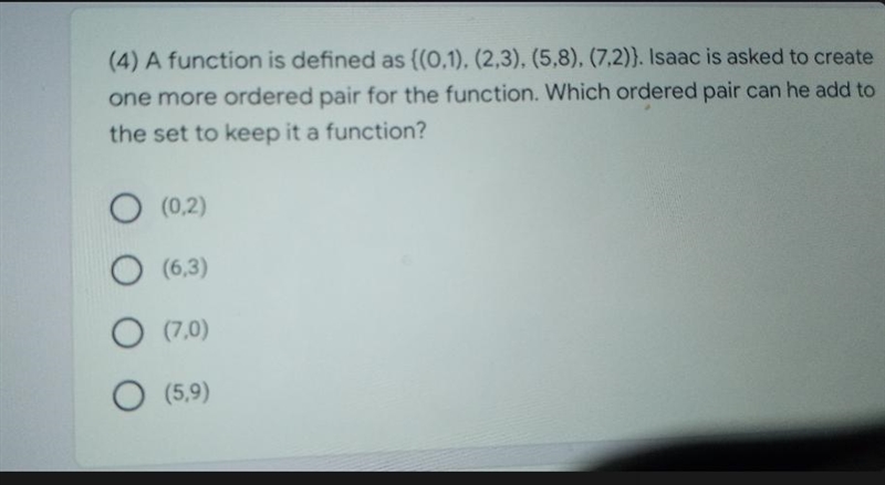 A function is defined as {(0,1), (2,3), (5,8), (7,2)}. Isaac is asked to create one-example-1