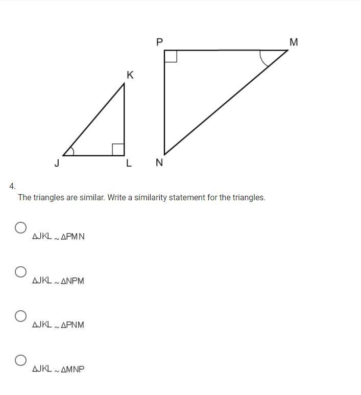 The triangles are similar. Write a similarity statement for the triangles.-example-1