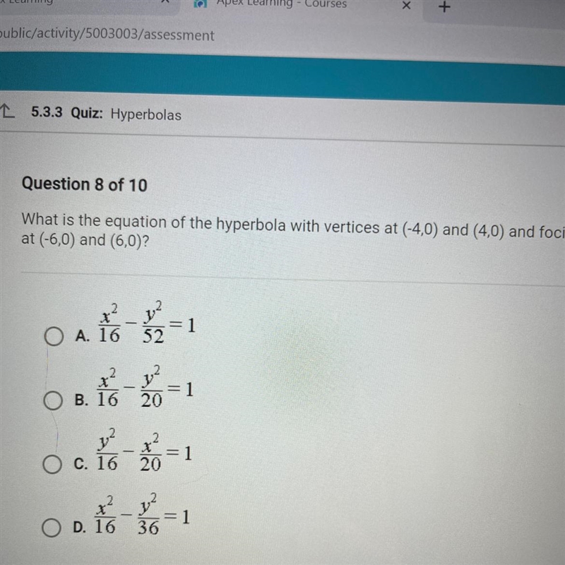 What is the equation of the hyperbola with vertices at (-4,0) and (4,0) and foci at-example-1