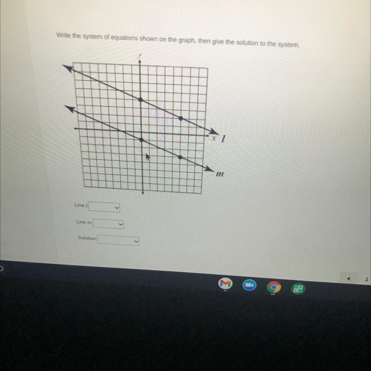 Write the system of equations shown on the graph, then give the solution to the system-example-1