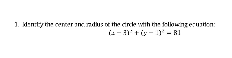 Identify the center and radius of the circle with the following equation: 〖(x+3)〗^2+〖(y-example-1