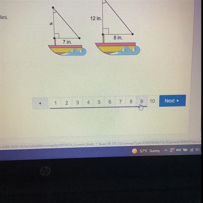 The sails on two model ships are similar right triangles. What is the height, x, of-example-1