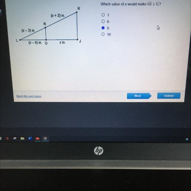 L N (x-4) in. O (x-3) in. (x + 2) in. x in. K Which value of x would make NO || KJ-example-1