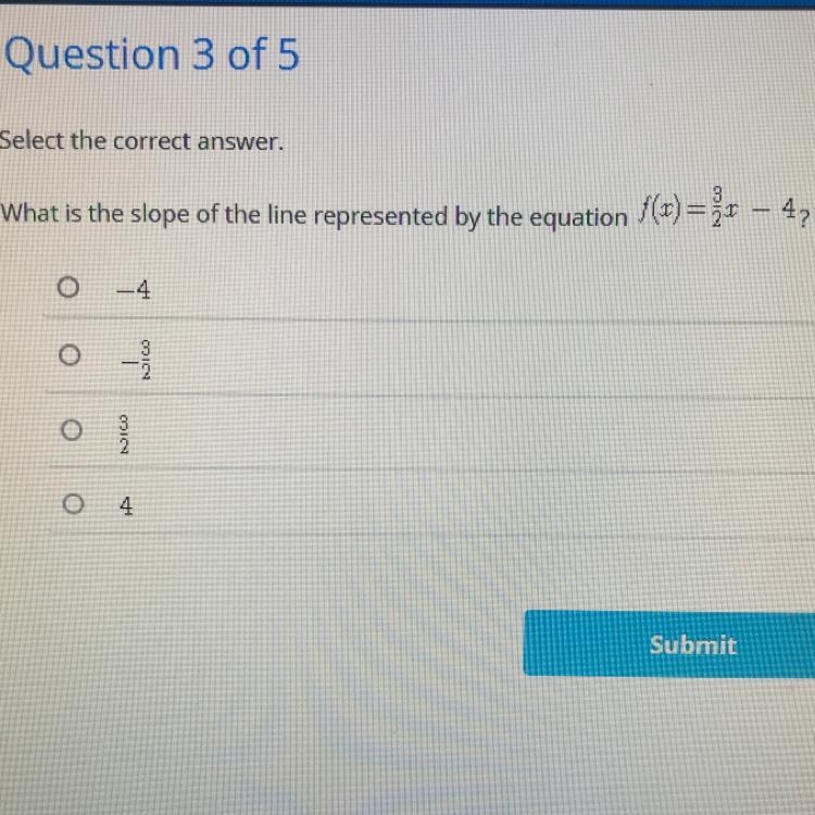 - What is the slope of the line represented by the equation f(x) = 3/2x-4?-example-1