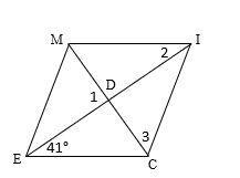 MICE is a rhombus. Solve for each missing angle measure. <1 <2 <3-example-1