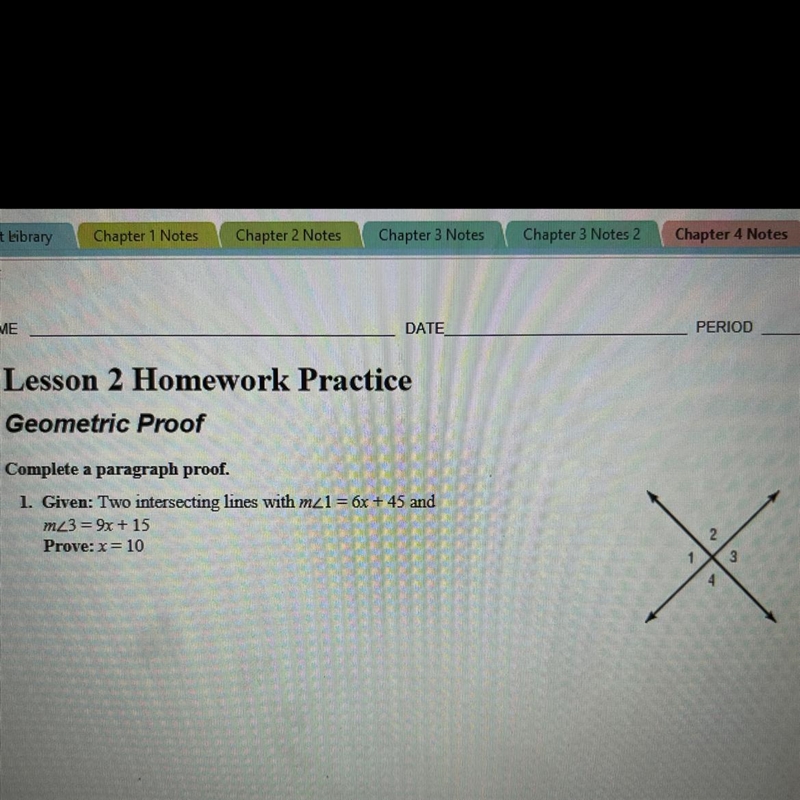 Complete a paragraph proof. 1. Given: Two intersecting lines with m_1 = 6x + 45 and-example-1