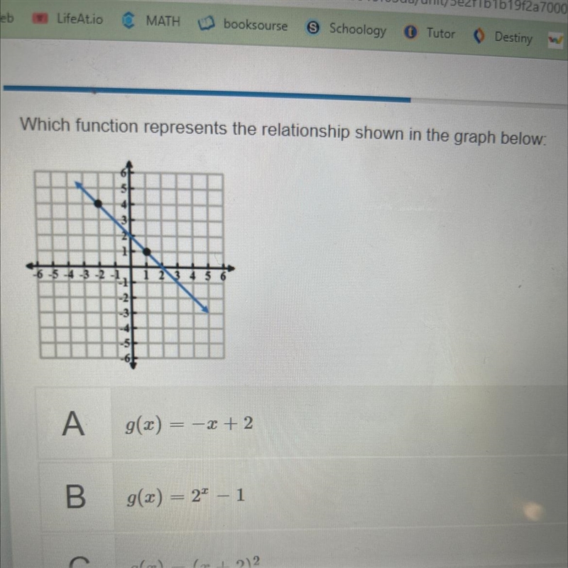 Which function represents the i shown in the graph below A. G(x)=-x+2 B. G(x)=2^x-example-1