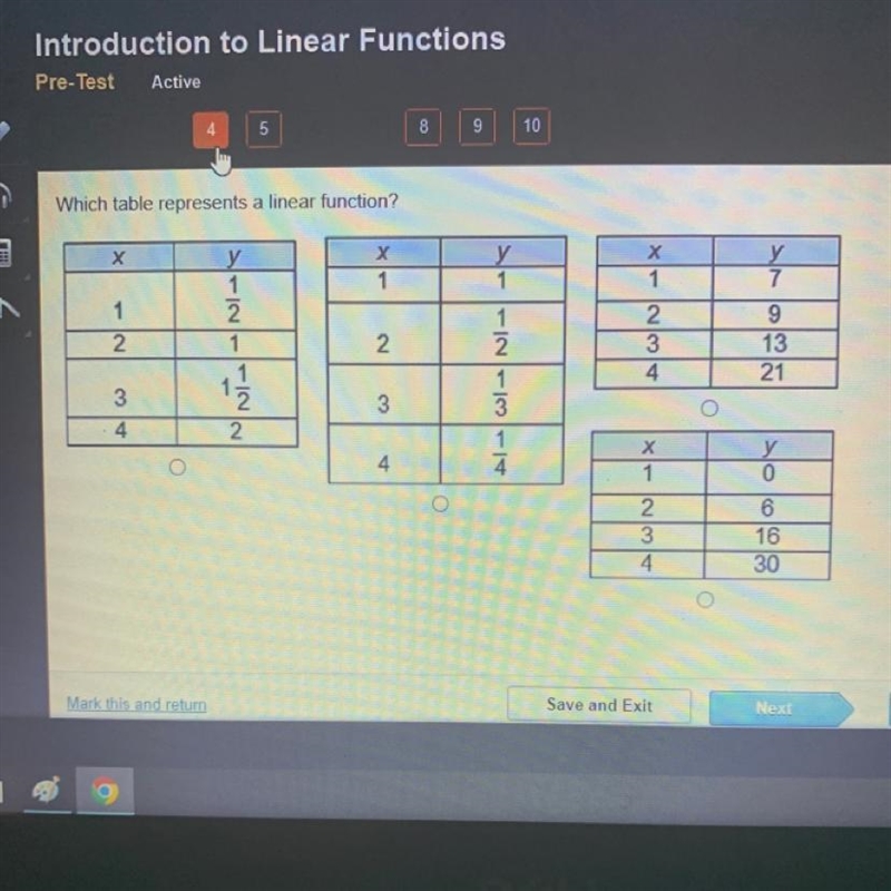 Which table represents a linear function? X X y 1 1 1 2 2 1 2 3 4 34 O 122 1/7/2 O-example-1