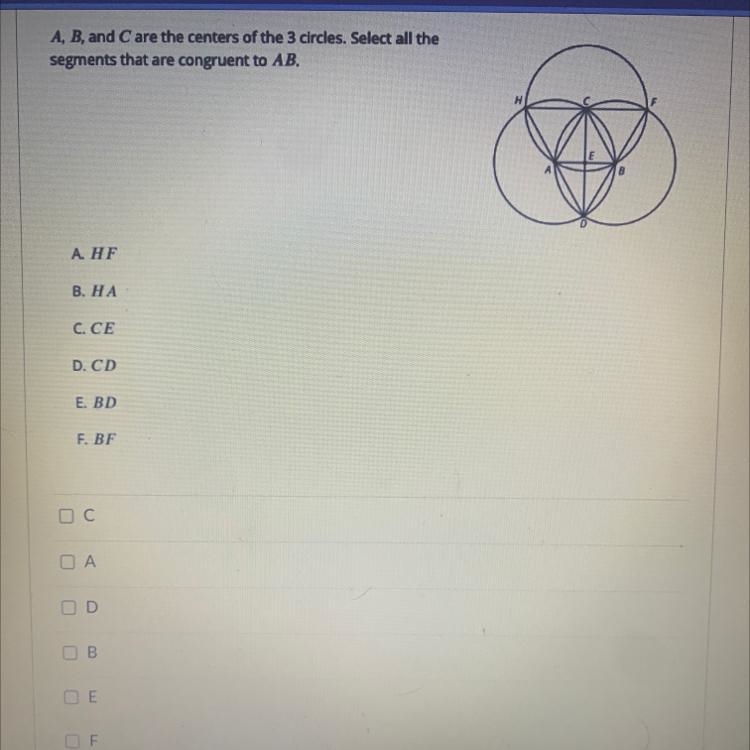 A, B, and Care the centers of the 3 circles. Select all thesegments that are congruent-example-1