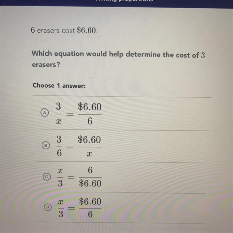 6 erasers cost $6.60. Which equation would help determine the cost of 3 erasers?-example-1