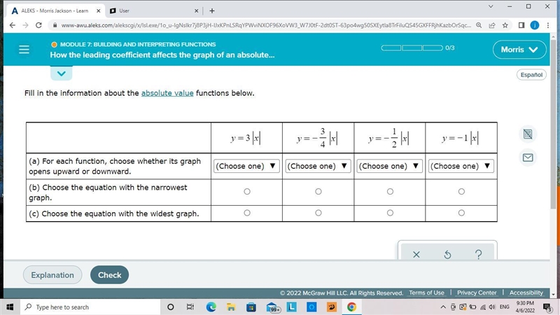 Fill in the information about the absolute value functions below.-example-1