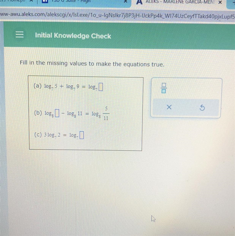 Fill in the missing values to make the equations true. (a) log, 5+ log, 9 = log, (b-example-1