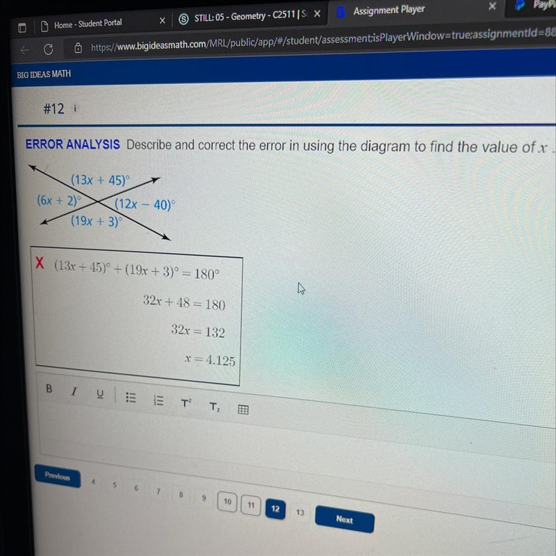 Describe and correct the error in using the diagram to find the value of x.-example-1