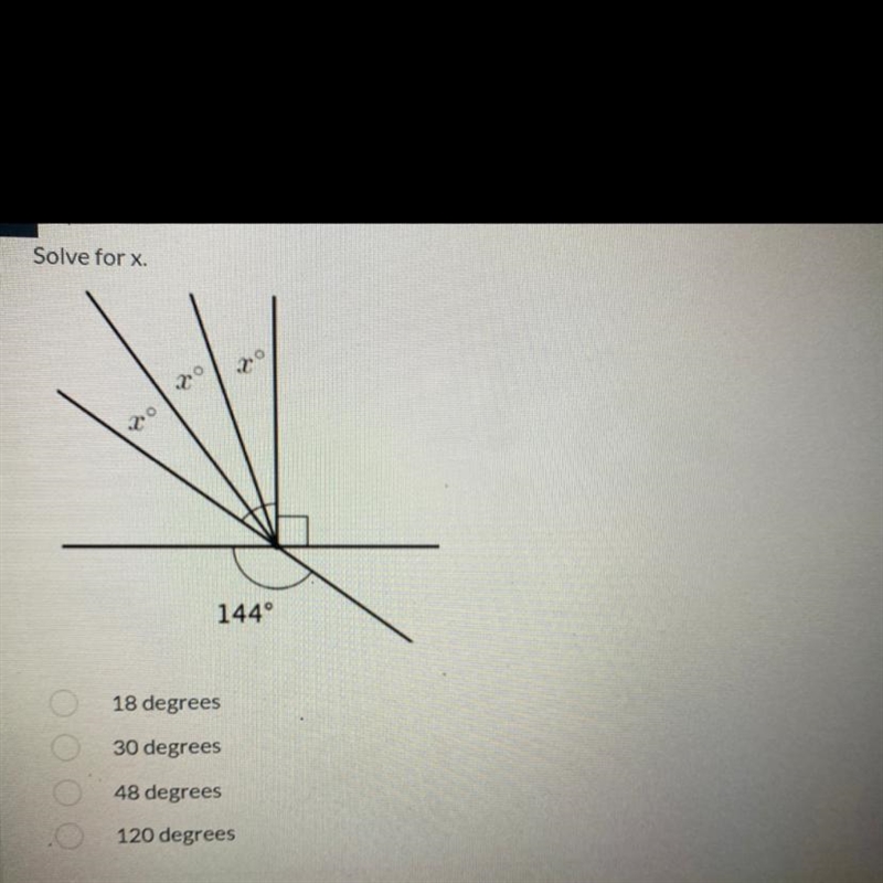 Solve for x. 144° 18 degrees 30 degrees 48 degrees 120 degrees-example-1