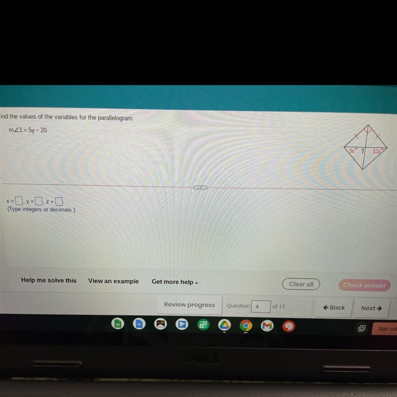 Find the values of the variables for the parallelogram mZ1 = 5y - 20 X= Y= Z= (Type-example-1