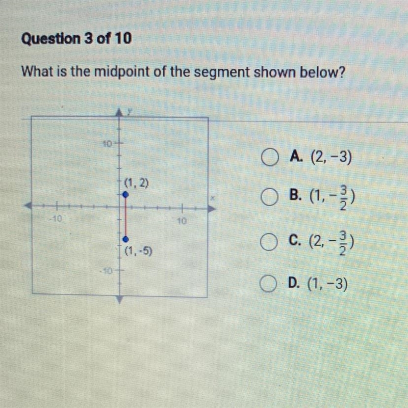 What is the midpoint of the segment shown below? A. (2, -3) O B. (1,-}) O c. (2,-}) C-example-1