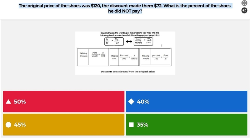 The original price of the shoes was $120, the discount made them $72. What is the-example-1