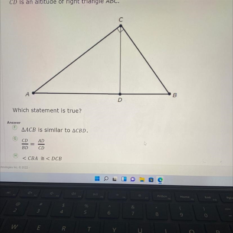 F) triangle ABC is similar to triangle CBD G) CD/BD=AD/CD H) J) CD/BD=AC/AD-example-1