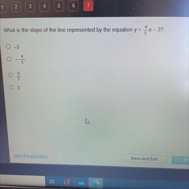 What is the slope of the line represented by the equation Y=4/5x - 3-example-1