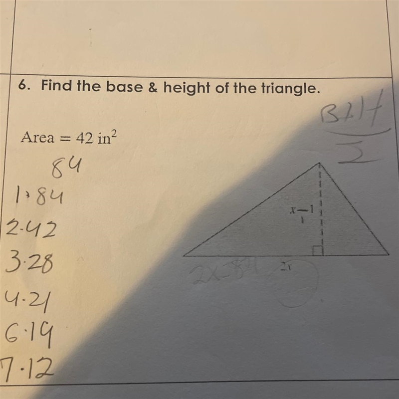 Find the Base & Height of the triangle Area =42 in^2-example-1