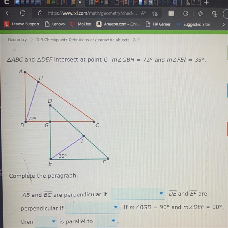 ABC and DEF intersect at point G. m GBH= 72 and m FEI= 35-example-1