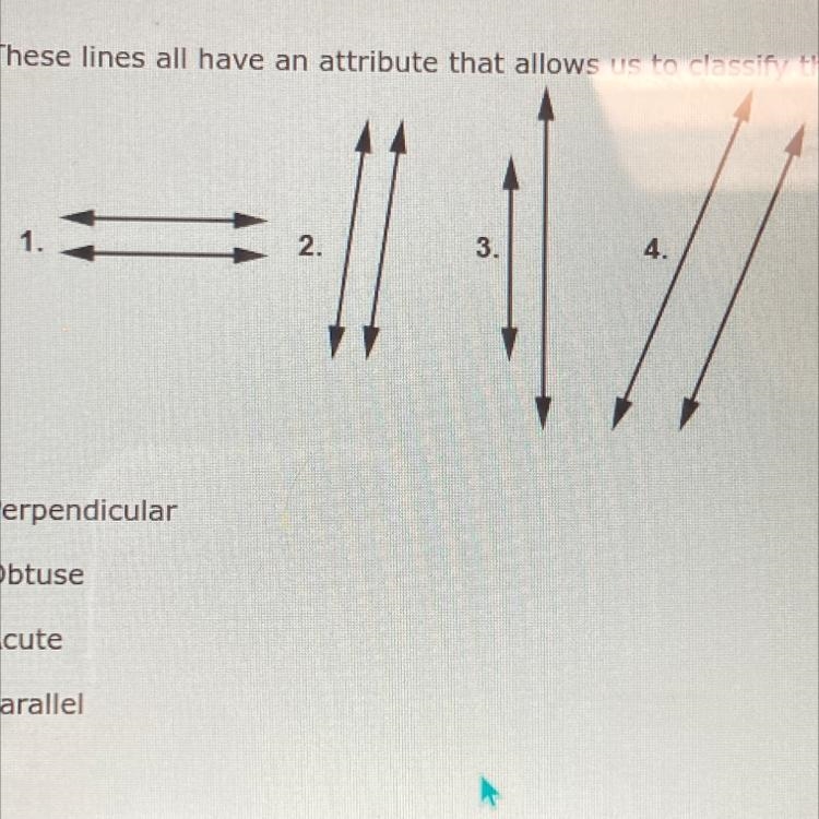 These lines all have an attribute that allows us to classify them as: Perpendicular-example-1