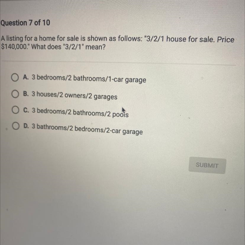 a listing for a home for sale is shown as follows: “3/2/1 house for sale. price 140000” what-example-1