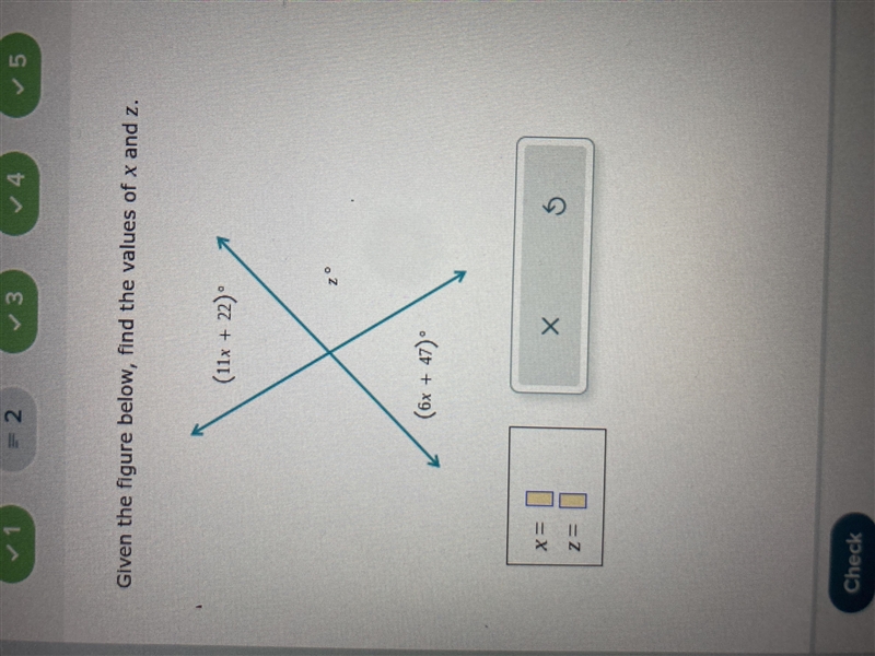 Given the figure below, find the values of x and z.-example-1