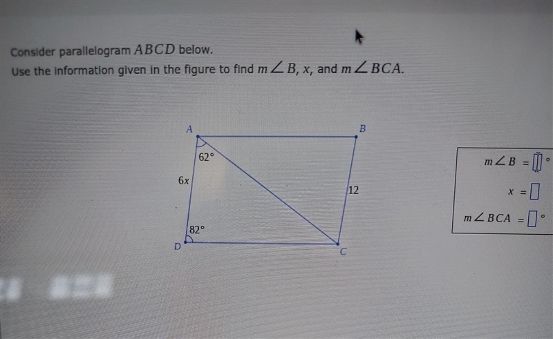 Consider parallelogram ABCD below. Use the information given in the figure to find-example-1