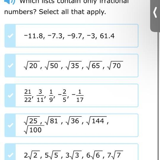 ◄) Which lists contain only irrational numbers? Select all that apply. -11.8, -7.3, -9.7, -3, 61.4 √20 I-example-1