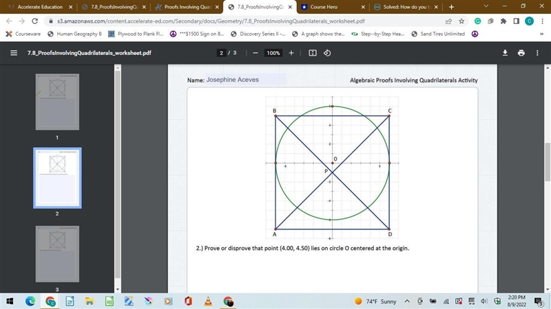 (Please help )Prove or disprove that point (4.00, 4,50) lies on circle O centered-example-1