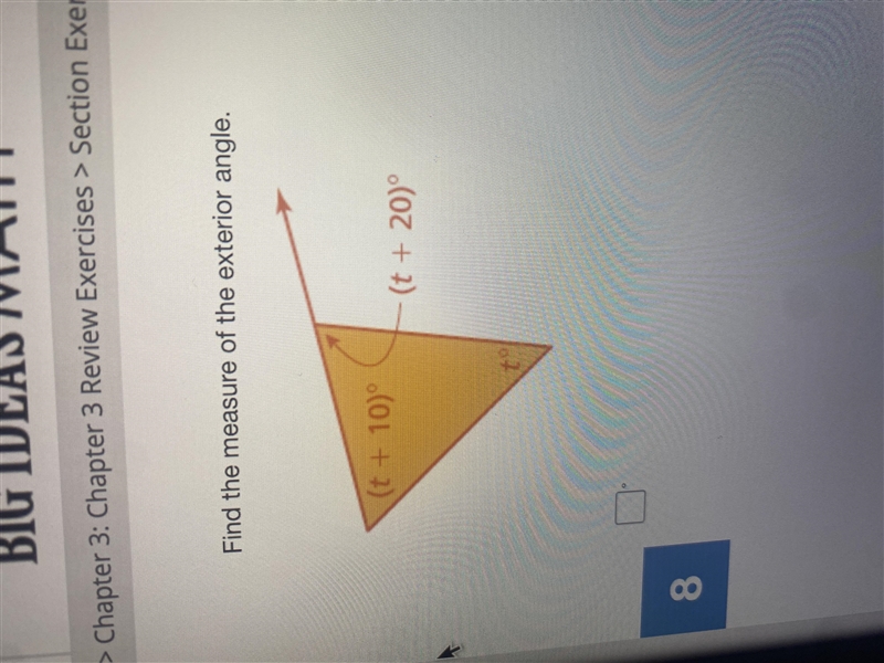 I don’t get it I have to find the exterior angle (t+20)-example-1