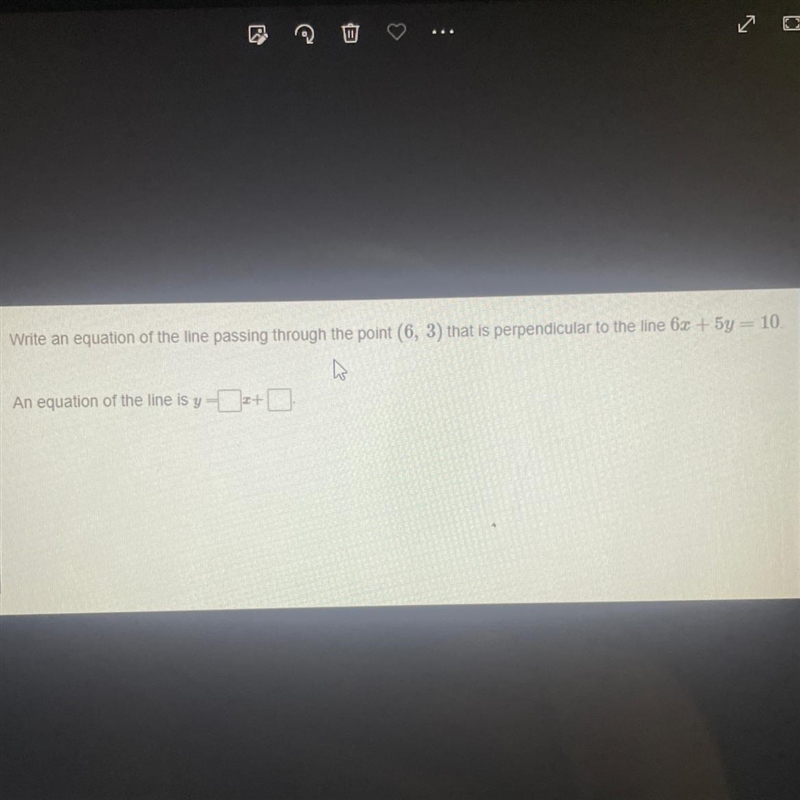 Write an equation of the line passing through the point (6,3) that is perpendicular-example-1