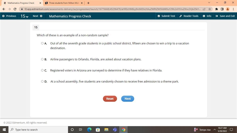 Which of these is an example of a non-random sample? A. Out of all the seventh grade-example-1