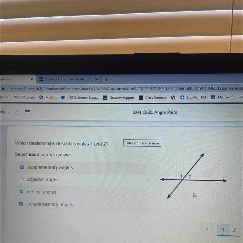 Which relationships describe angles 1 and 2?-example-1